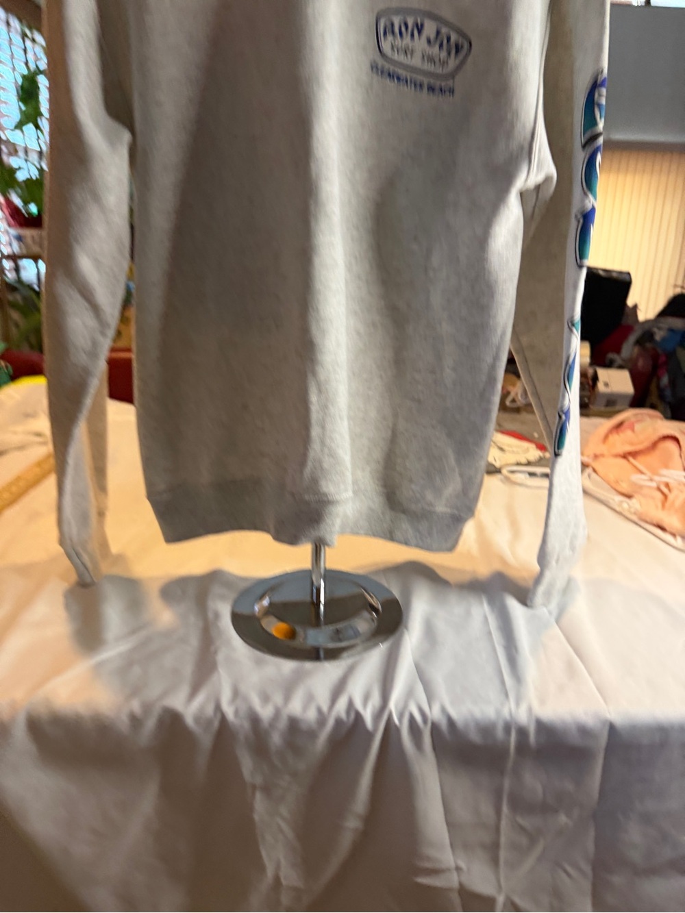 Ron Jon Light Gray Crewneck Sweater with Blue Sleeve Graphics